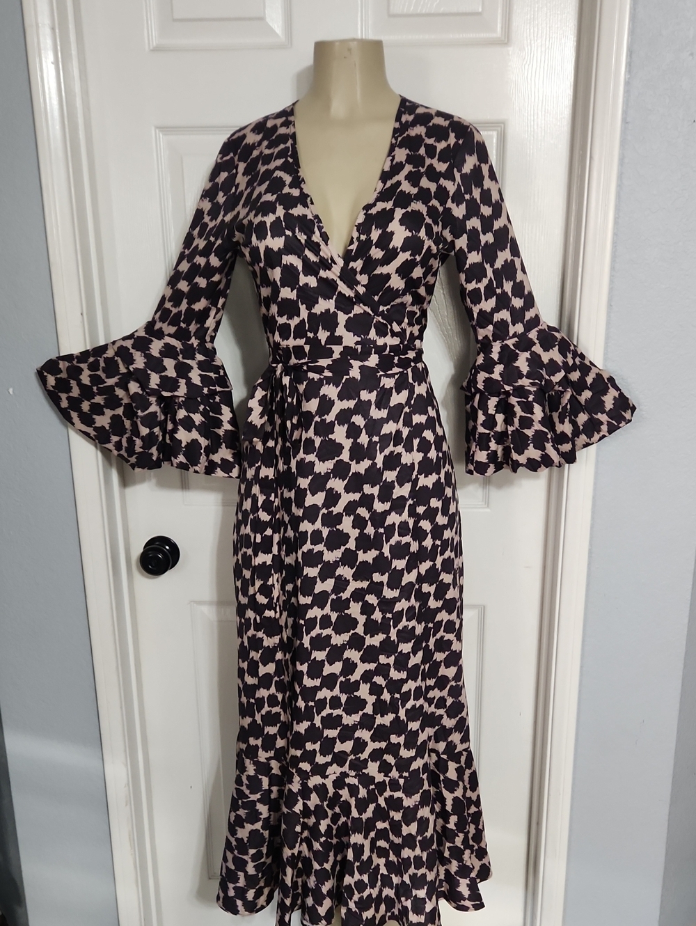 Ina Pink and Black Printed Wrap Maxi Dress with Ruffled Bell Sleeves New.!!